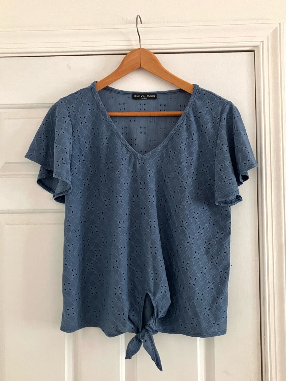 Kim & Cami Slate Blue Eyelet Lace Cottagecore Whimsical Boho top-Size Medium